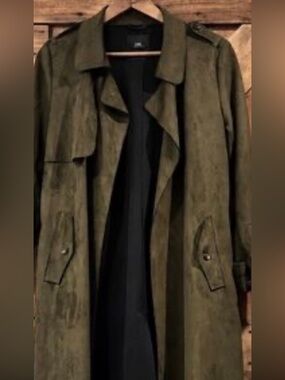 Tahari Olive/Tan Suede-Style Trench Coat
